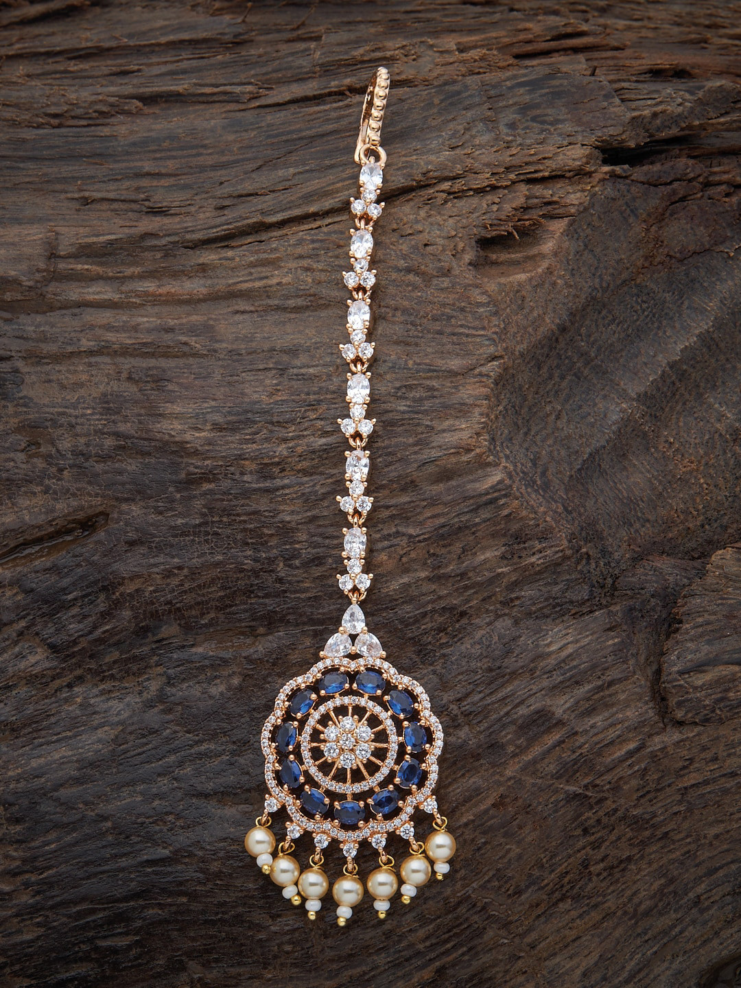 

Kushal's Fashion Jewellery Gold-Plated Blue & White Zircoin Stones-Studded & Beaded Maang Tikka