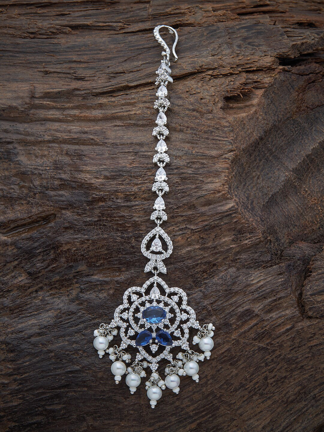 

Kushal's Fashion Rhodium-Plated Silver-Toned Sapphire Stone-Studded & Beaded Maang Tikka, Blue