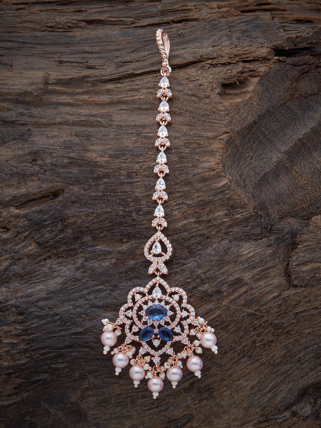 

Kushal's Fashion Jewellery Rose Gold-Plated Blue & White CZ Stone-Studded & Pearl Beaded Maang Tikka