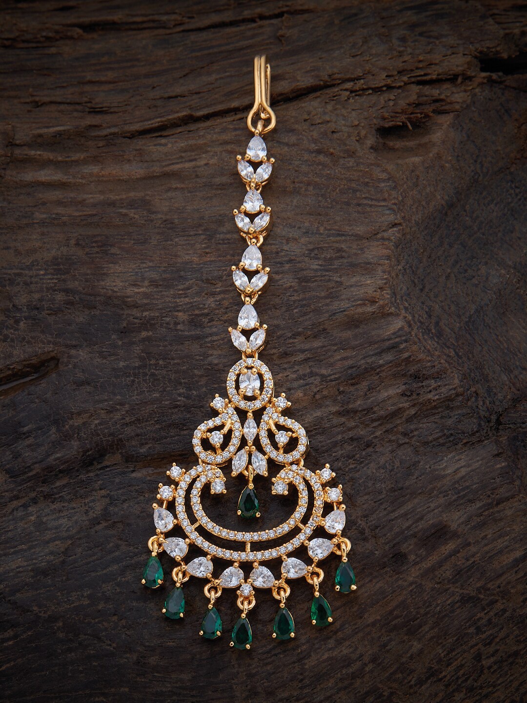 

Kushal's Fashion Jewellery Gold-Plated Green CZ-Studded Maangtika