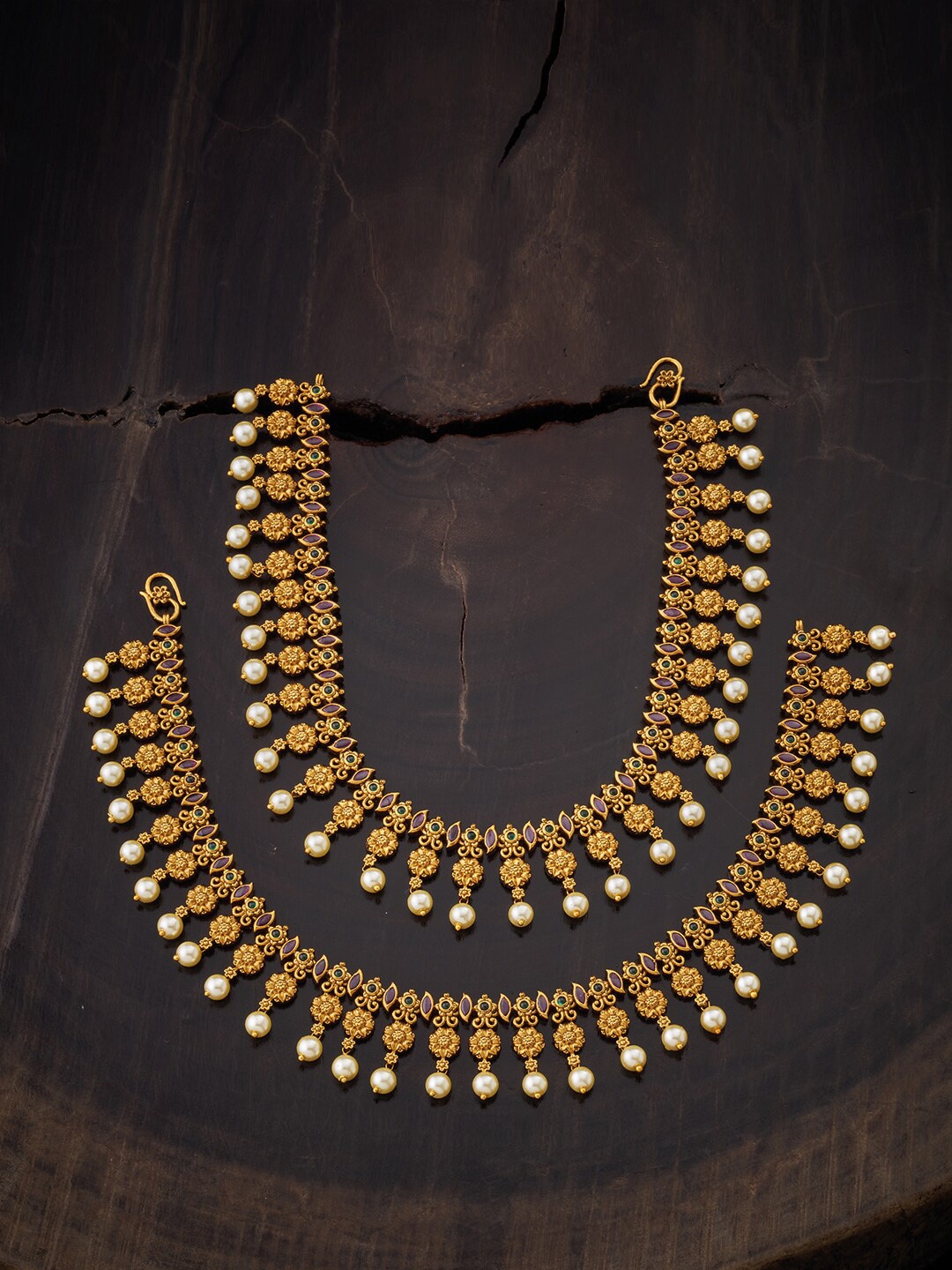 

Kushal's Fashion Jewellery Set Of 2 Gold -Toned Red Stone studded & White Beaded Anklet