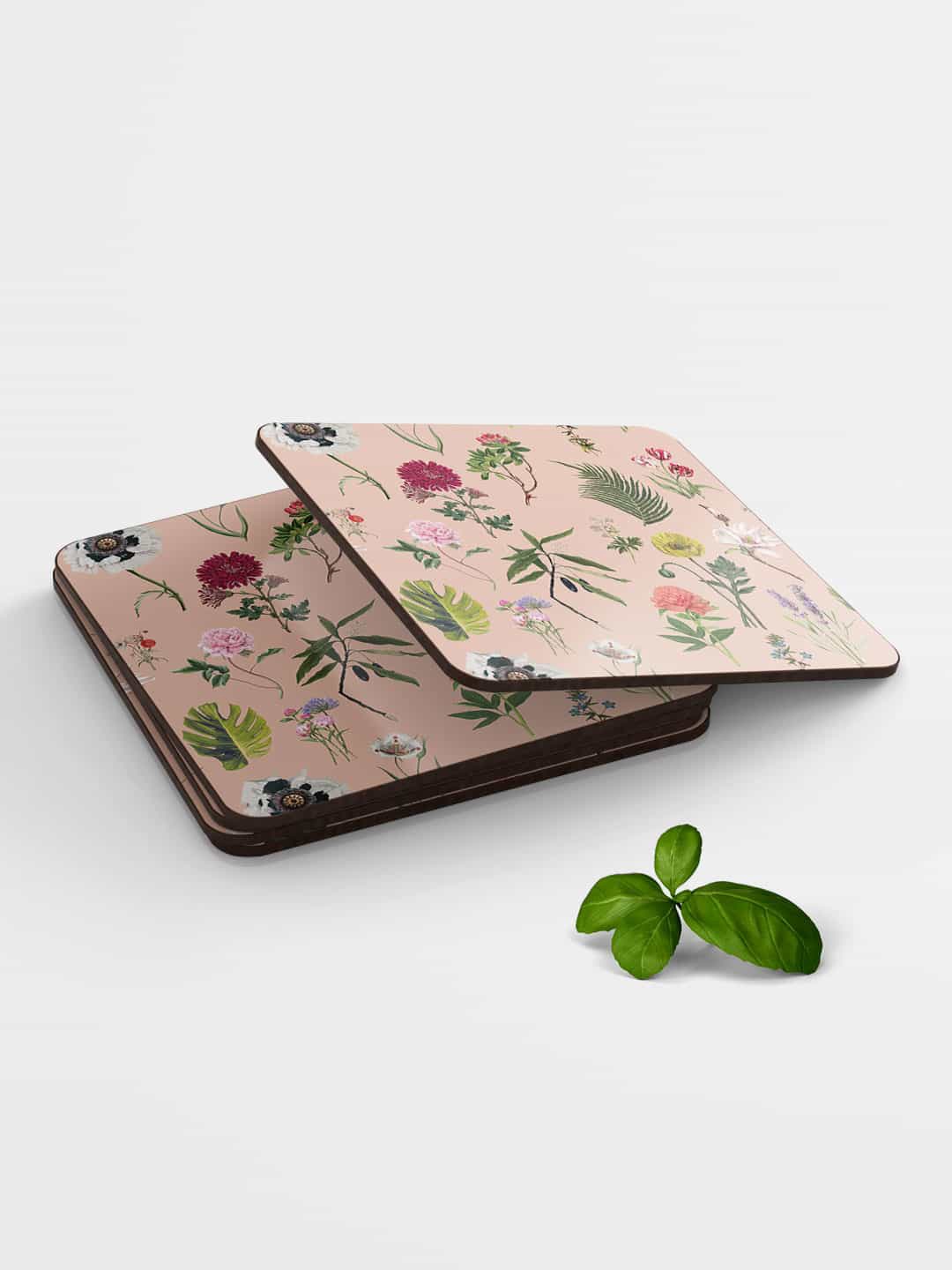 

macmerise Set Of 6 Peach Coloured Printed Payal Singhal Bageecha Square Wooden Coasters