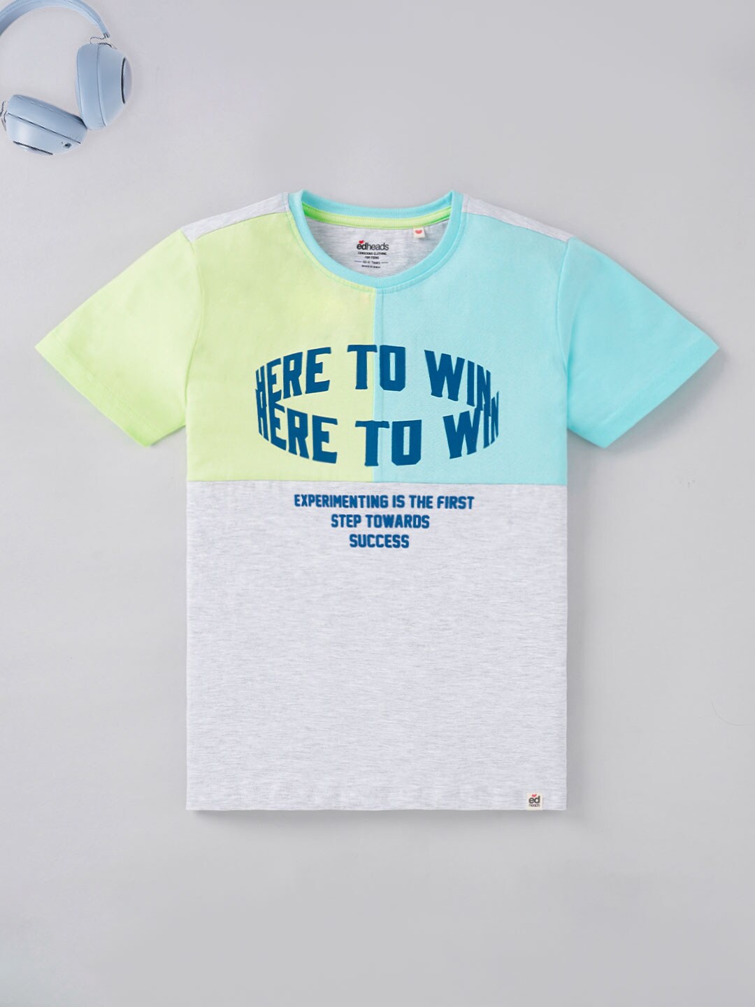 

edheads Boys Grey & Yellow Typography Printed Cotton T-shirt
