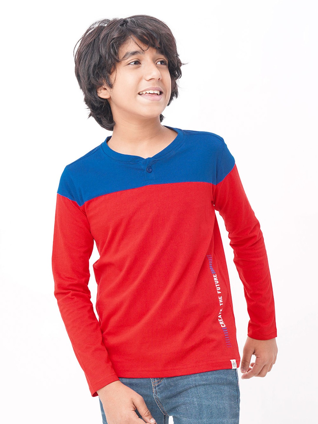 

edheads Boys Red & Blue Colourblocked Mandarin Collar Cotton T-shirt