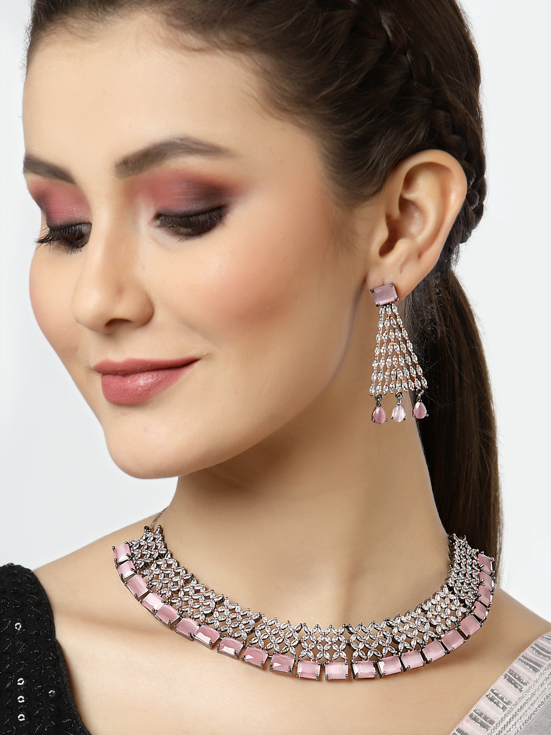 

Arrabi Pink & White AD-Studded Silver-Plated Jewellery Set