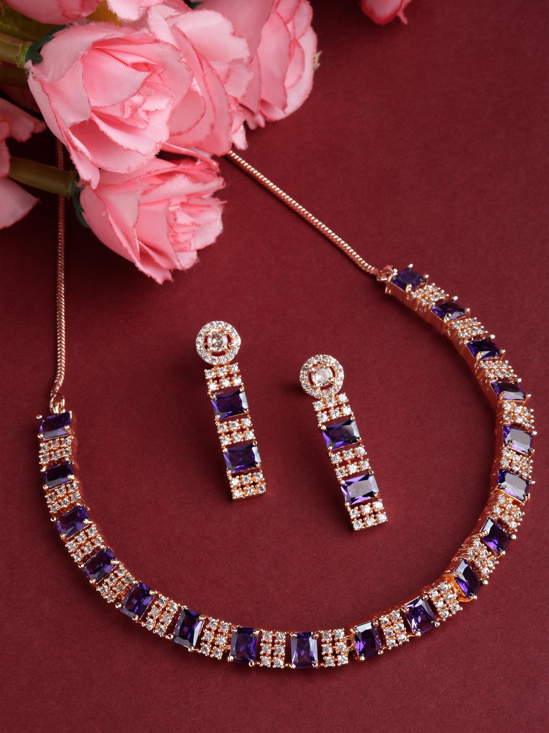 

Arrabi Blue & White AD Studded Rose Gold-Plated Jewellery Set