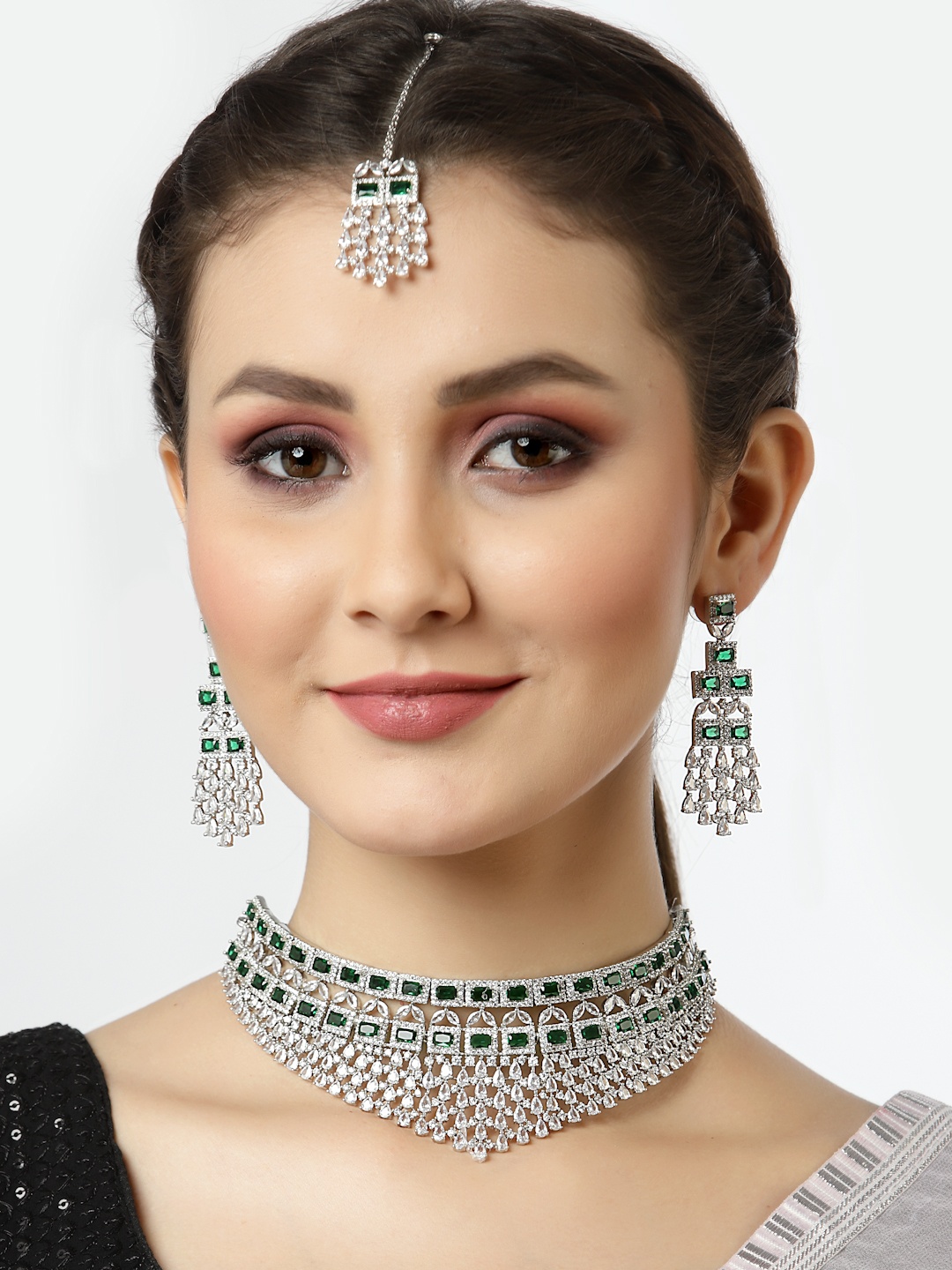 

Arrabi Green & White AD Stone Studded Silver-Plated Jewellery Set