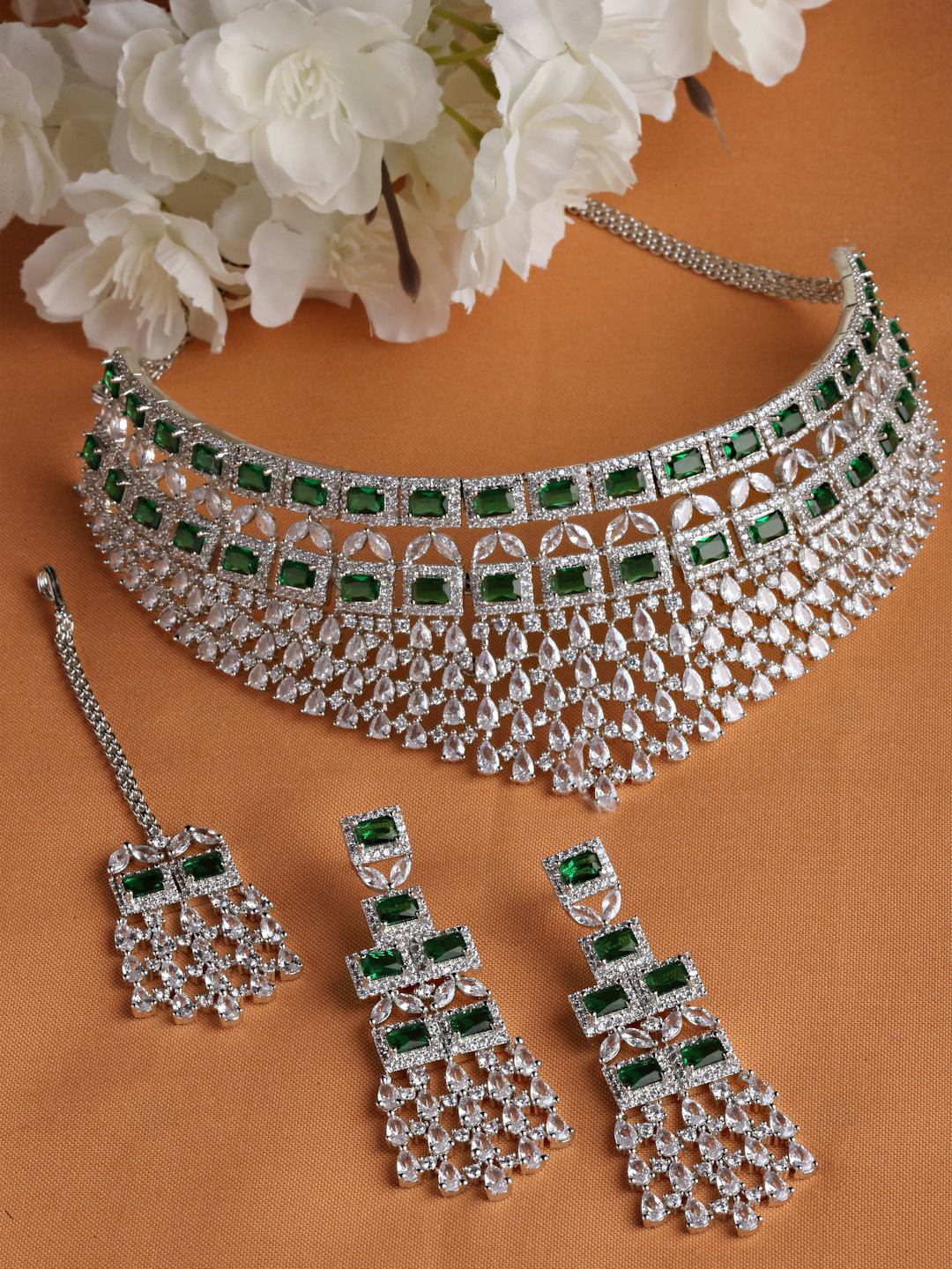 

Arrabi Green AD-Studded Silver-Plated Jewellery Set