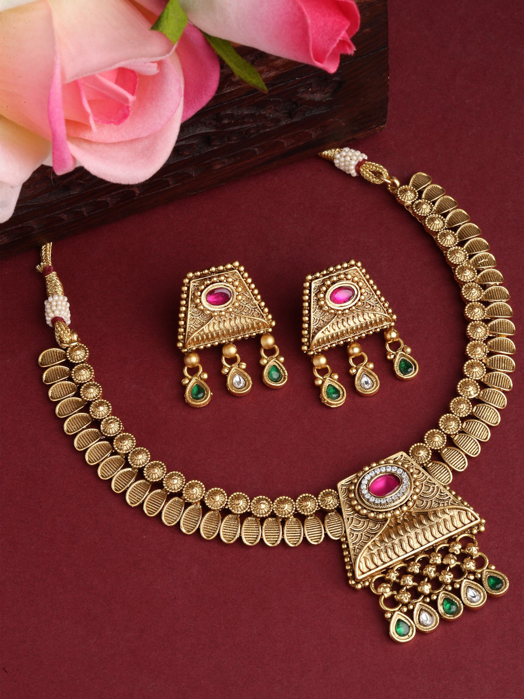 

Arrabi Pink & Green AD-Studded Gold-Plated Jewellery Set