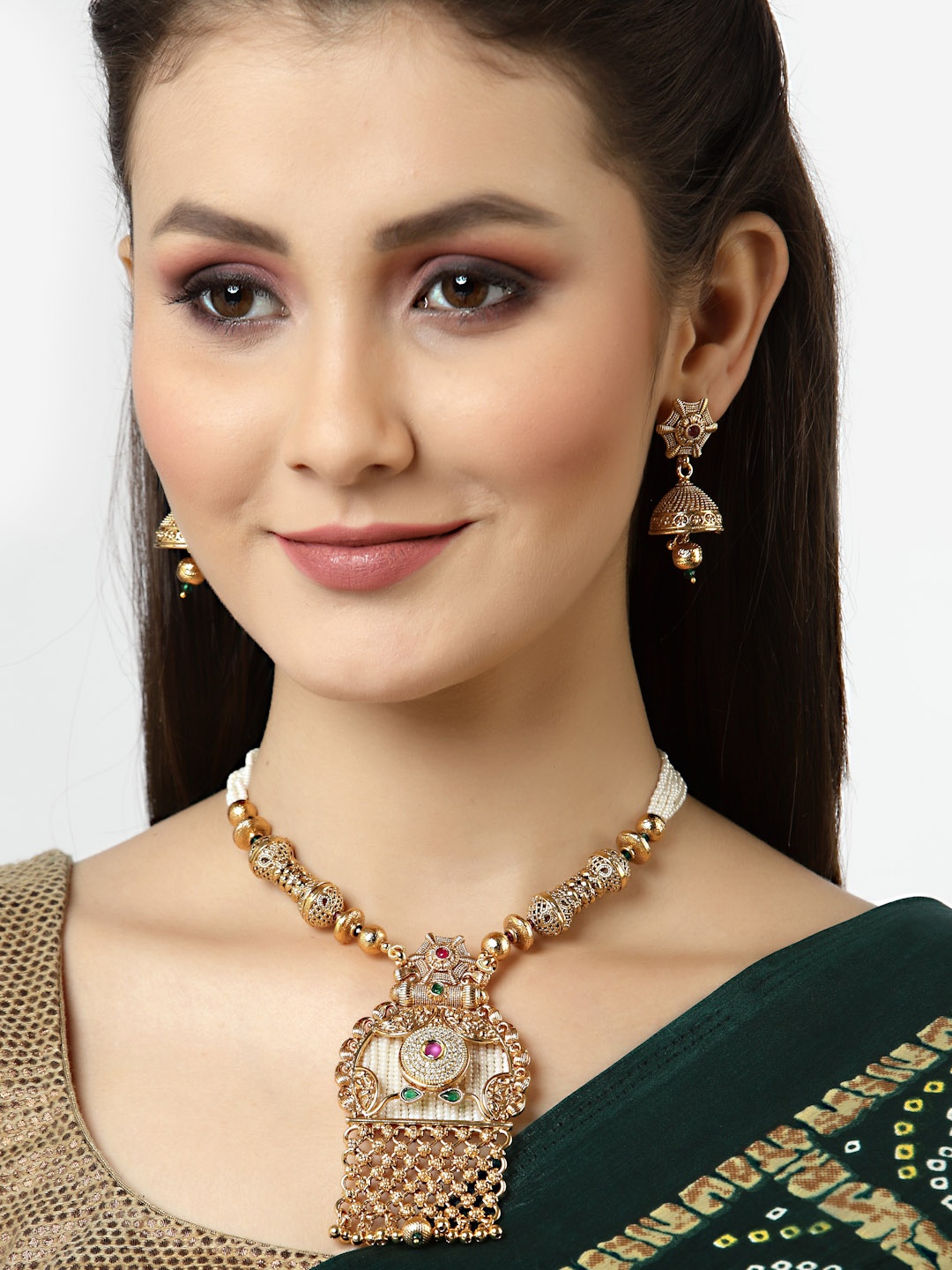 

Arrabi Pink Stone-Studded Gold-Plated Beaded Jewellery Set