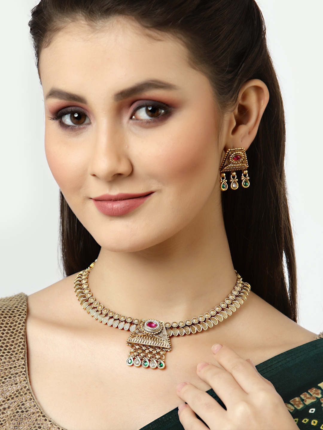 

Arrabi Green Stone-Studded & Pink & Beaded Gold-Plated Jewellery Set