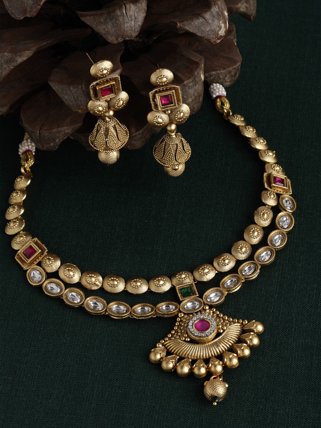 

Arrabi White & Red Stone-Studded Gold-Plated Jewellery Set
