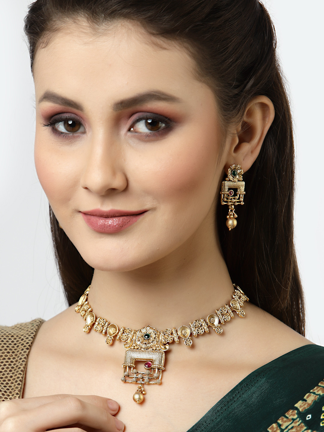 

Arrabi Pink & Green Stone Studded Gold-Plated Jewellery Set
