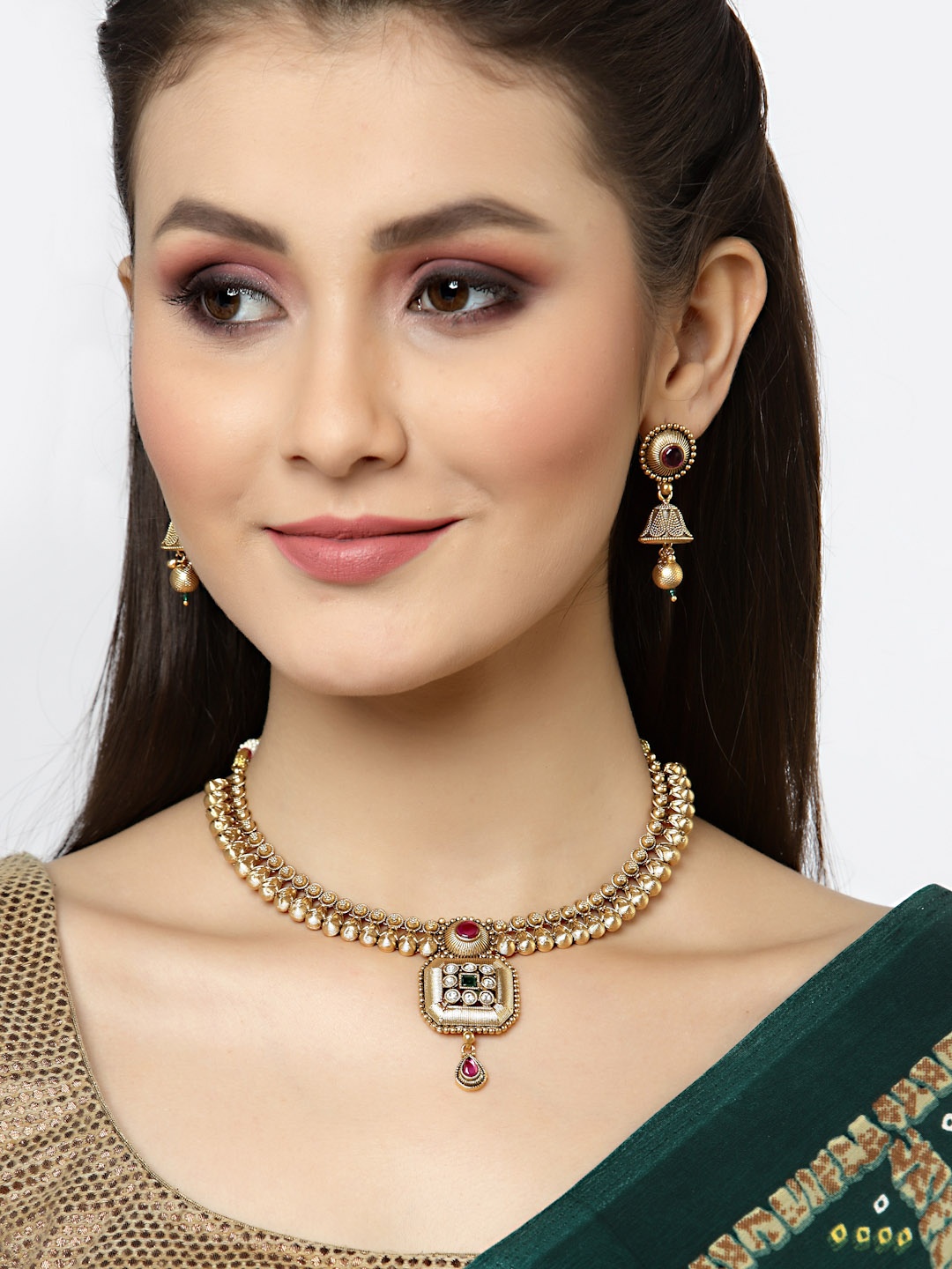 

Arrabi Pink & White Stone Studded Gold-Plated Jewellery Set