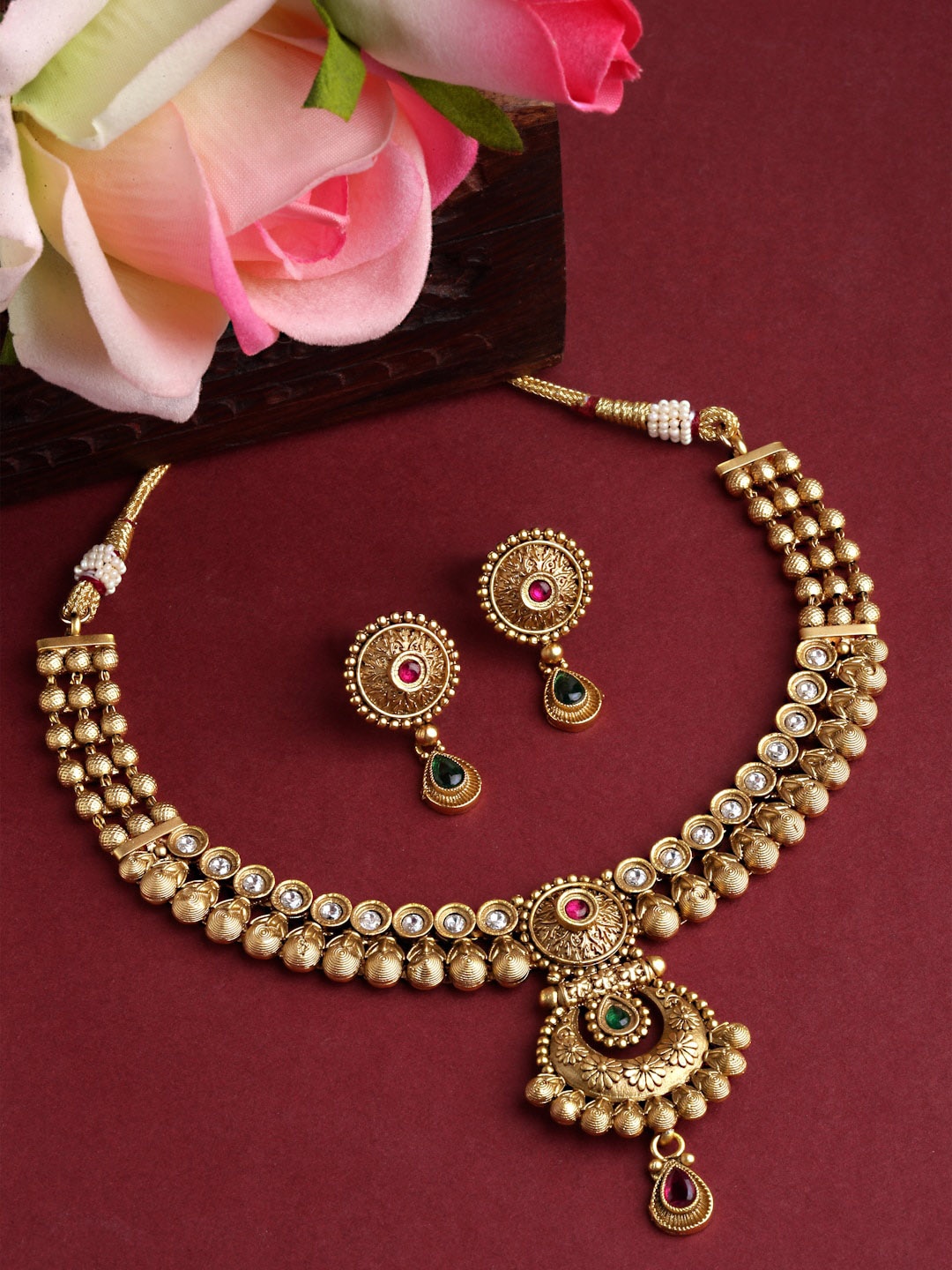 

Arrabi White & Green Stone Studded Gold-Plated Jewellery Set
