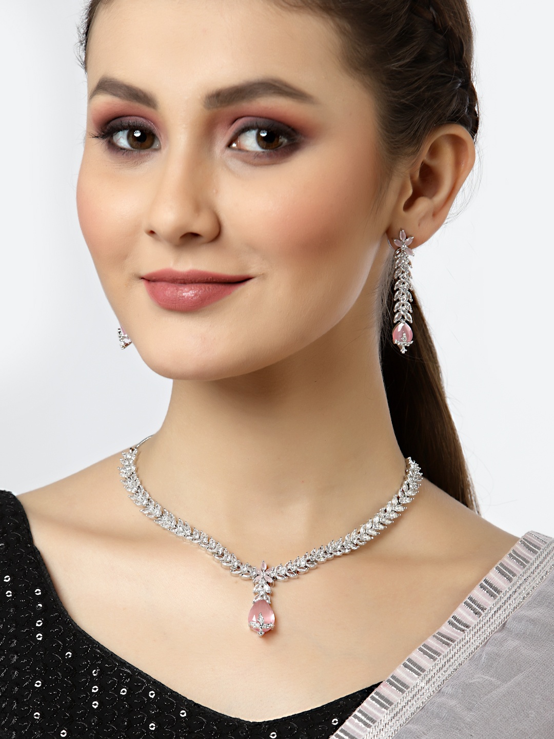 

Arrabi White & Pink AD Stone-Studded Silver-Plated Jewellery Set