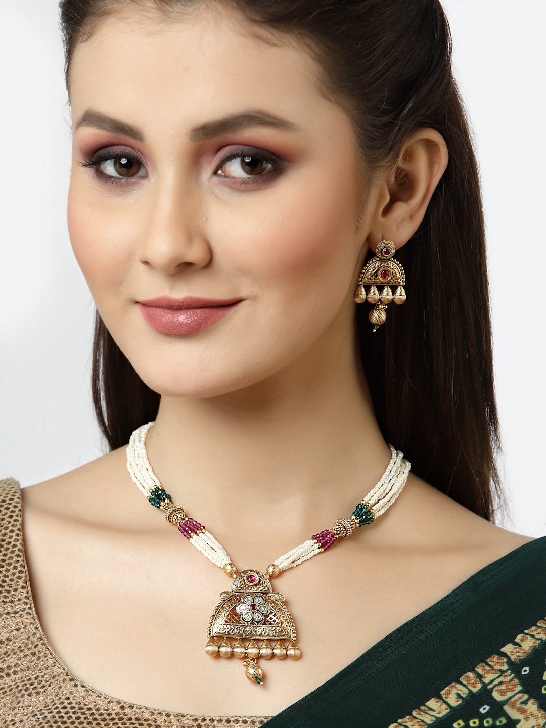 

Arrabi White & Green Stone Studded & Beaded Gold-Plated Jewellery Set