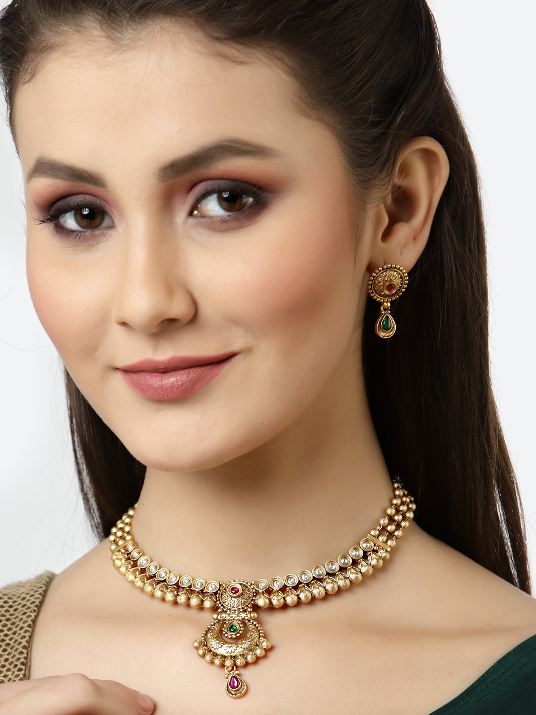 

Arrabi Pink & Green Stone Studded Beaded Gold-Plated Jewellery Set