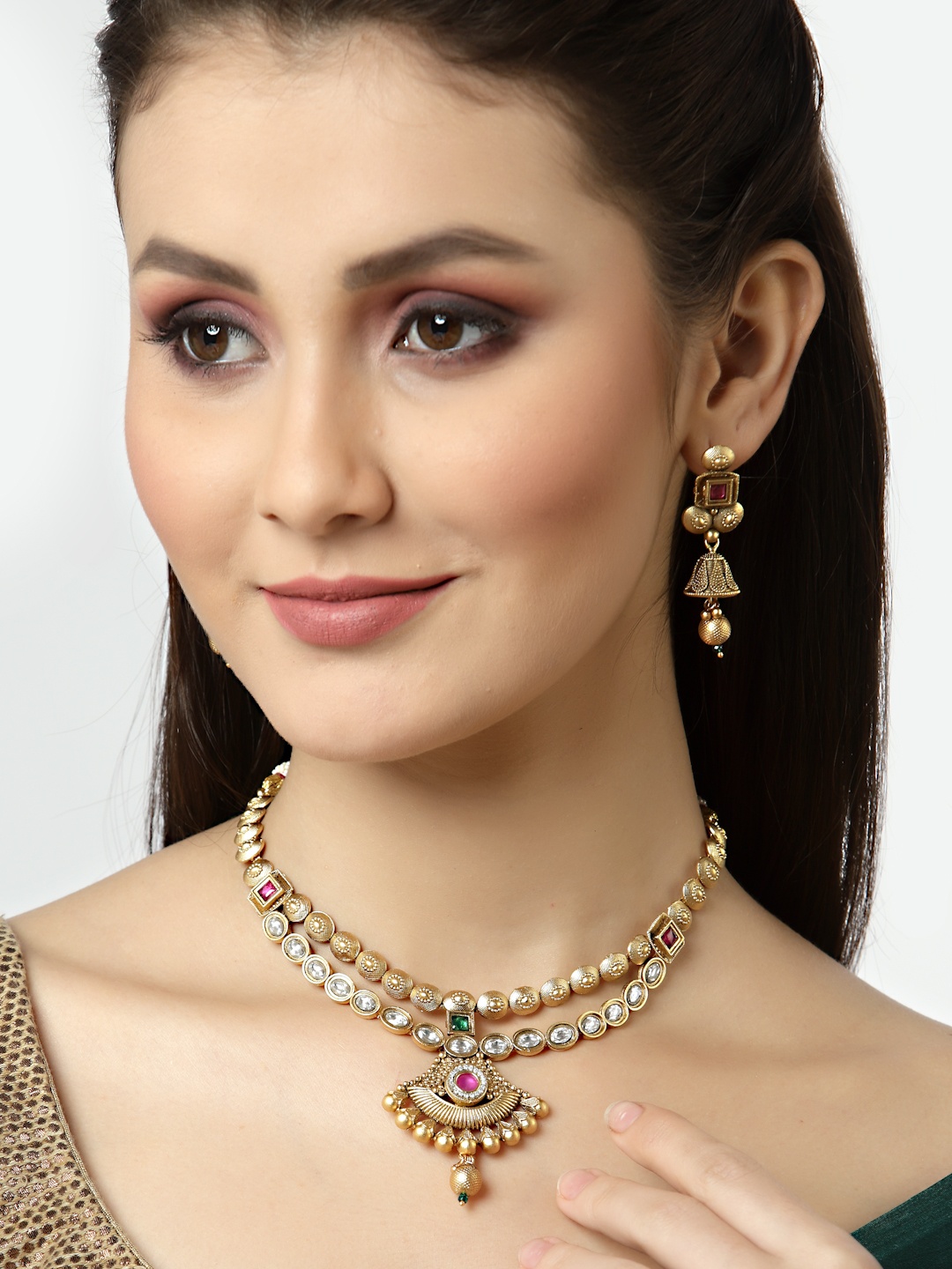 

Arrabi White Stone-Studded & Beaded Gold-Plated Jewellery Set