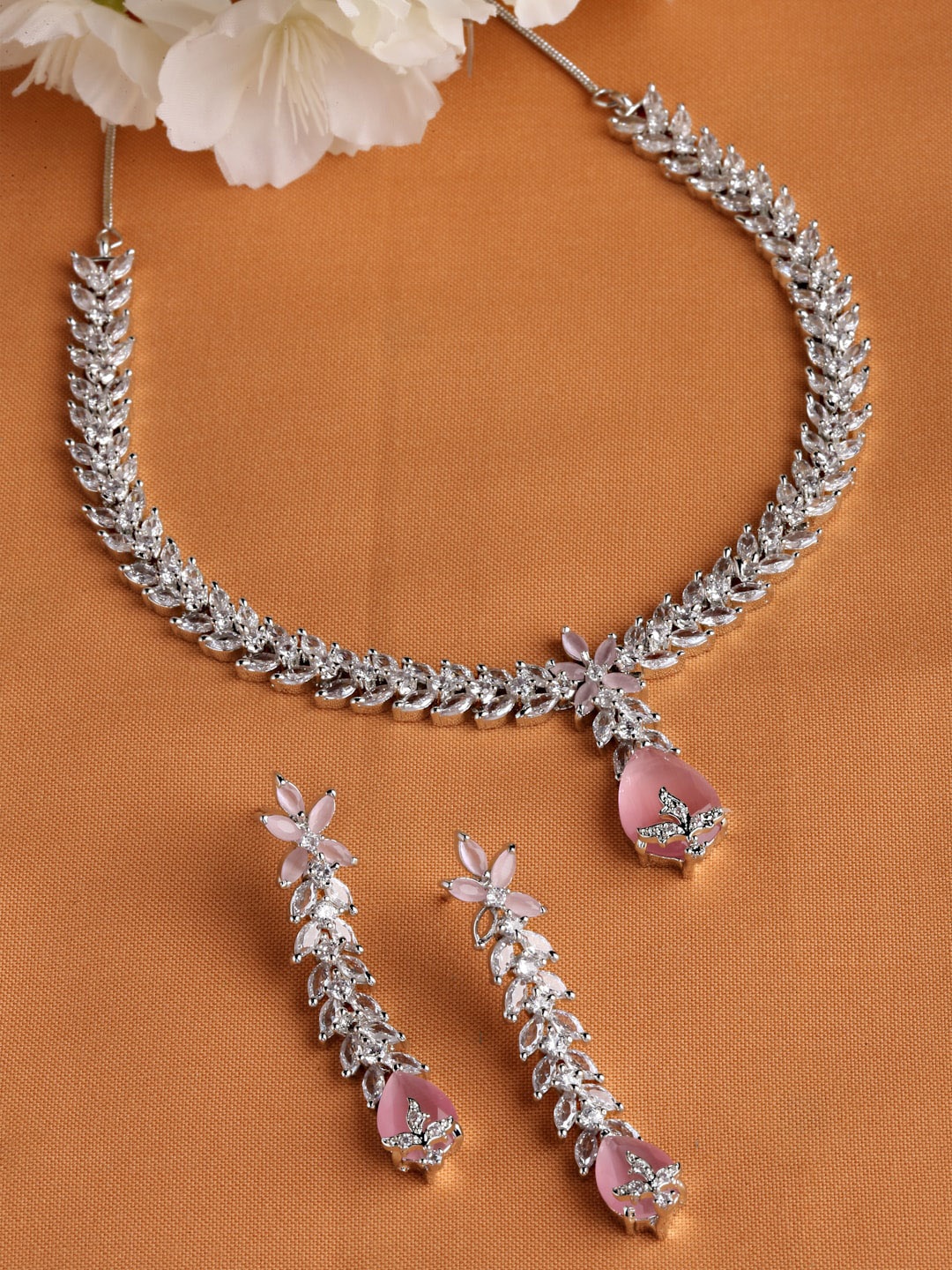 

Arrabi White & Pink AD Stone-Studded Silver-Plated Jewellery Set