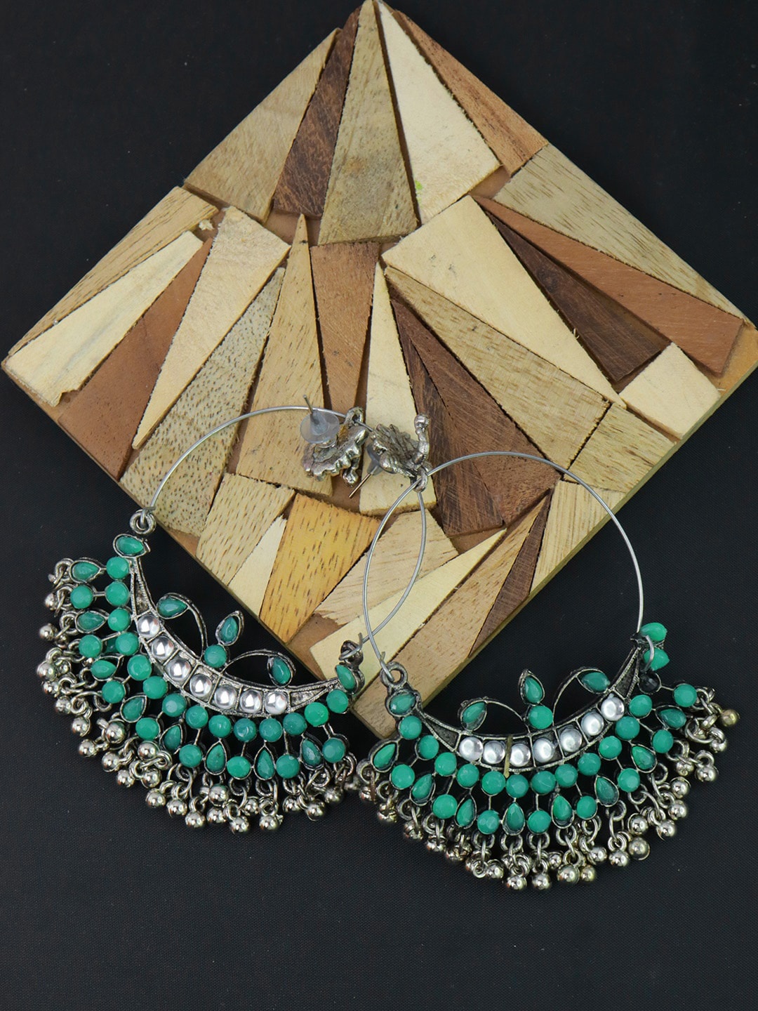 

Krelin Green & Silver-Plated Circular Chandbalis Earrings
