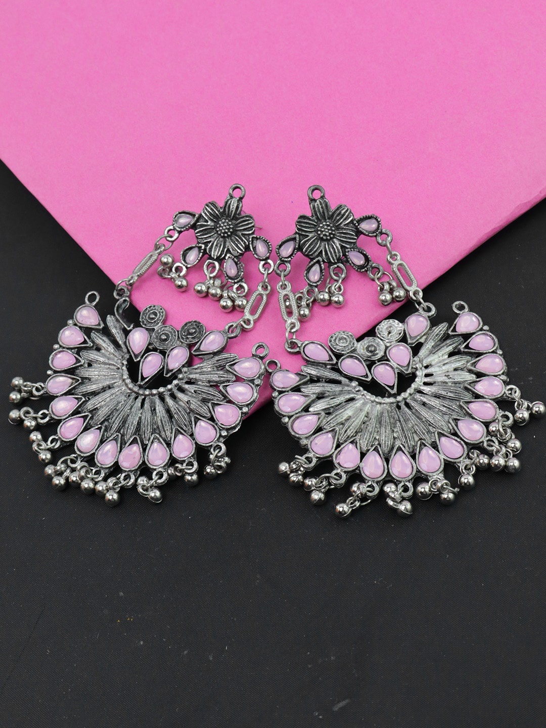 

Krelin Pink & Silver-Plated Oxidised Contemporary Chandbalis Earrings