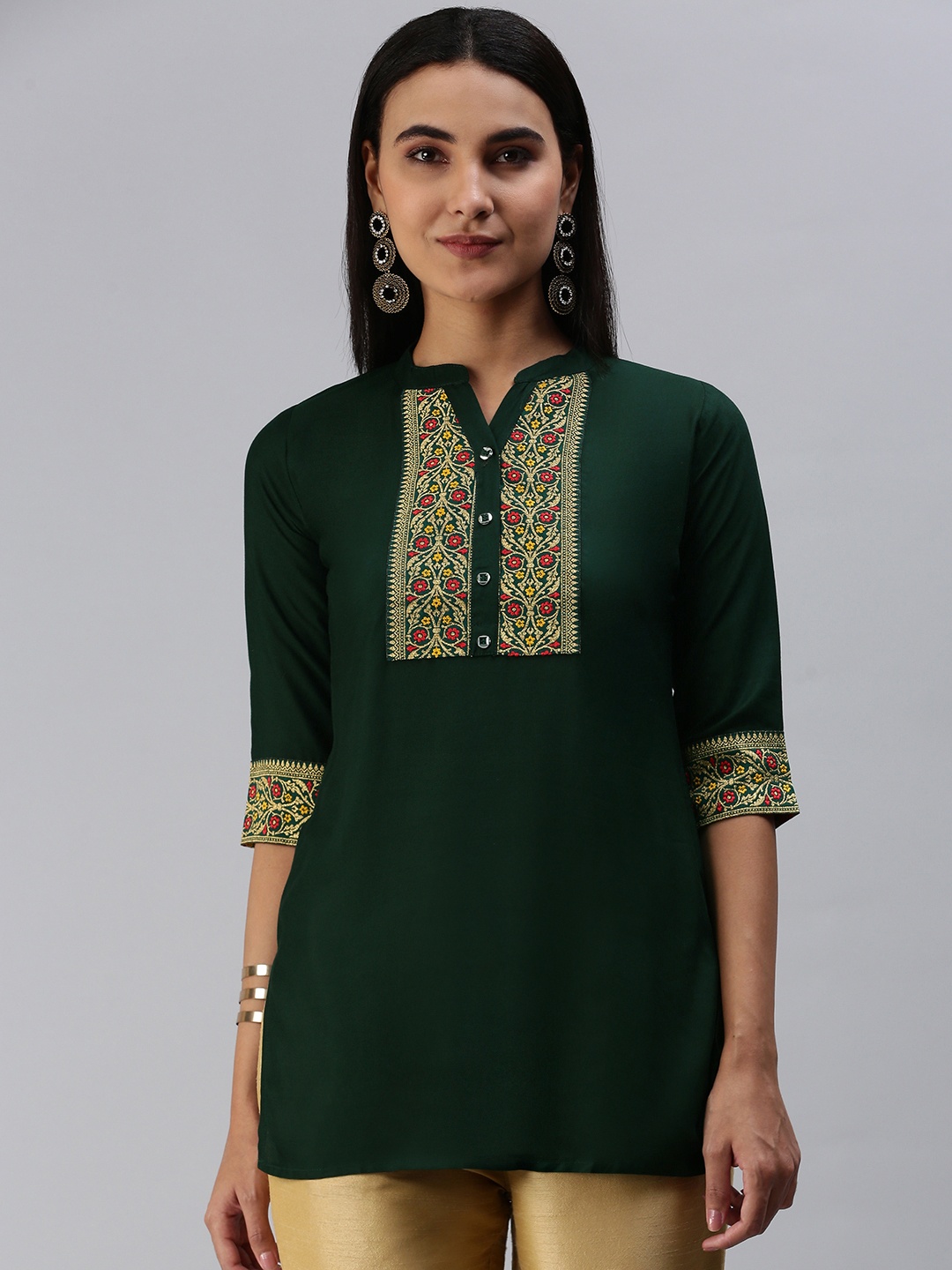 

TORONFRAS Green Ethnic Motifs Woven Design Thread Work Detail Kurti