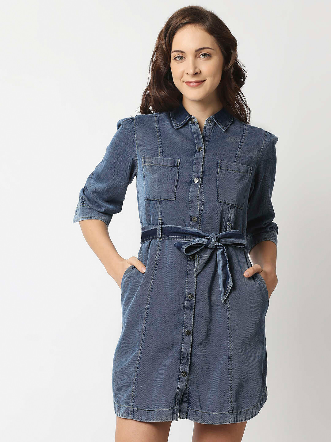 

Pepe Jeans Women Blue Waist Tie Up Cotton Denim Shirt Dress