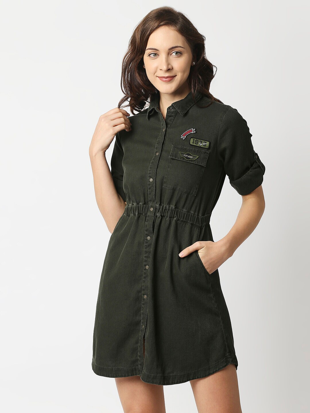 

Pepe Jeans Women Olive Green Cotton Denim Shirt Dress