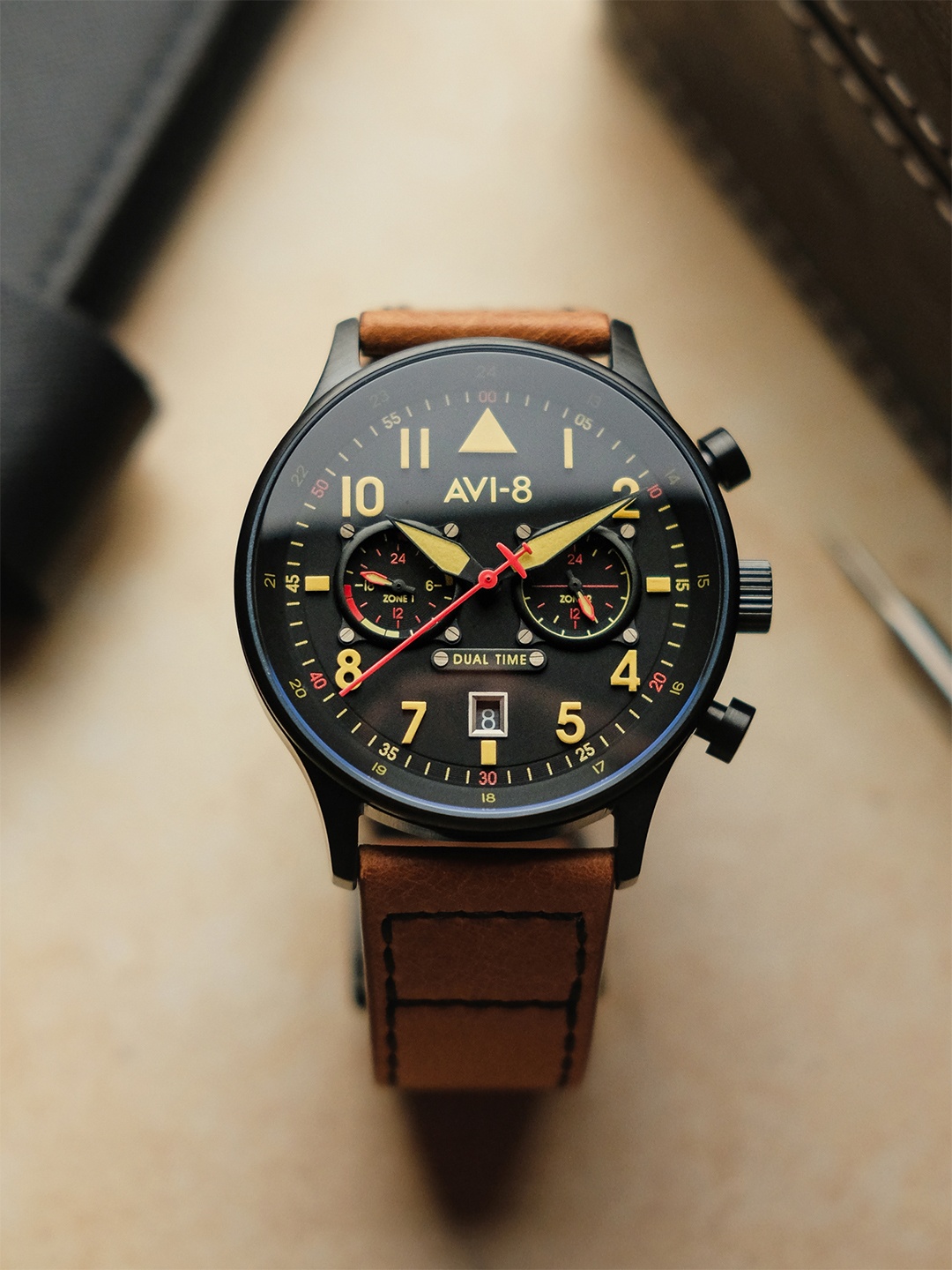 

AVI-8 Men Black Brass Printed Dial & Brown Leather Straps Analogue Watch