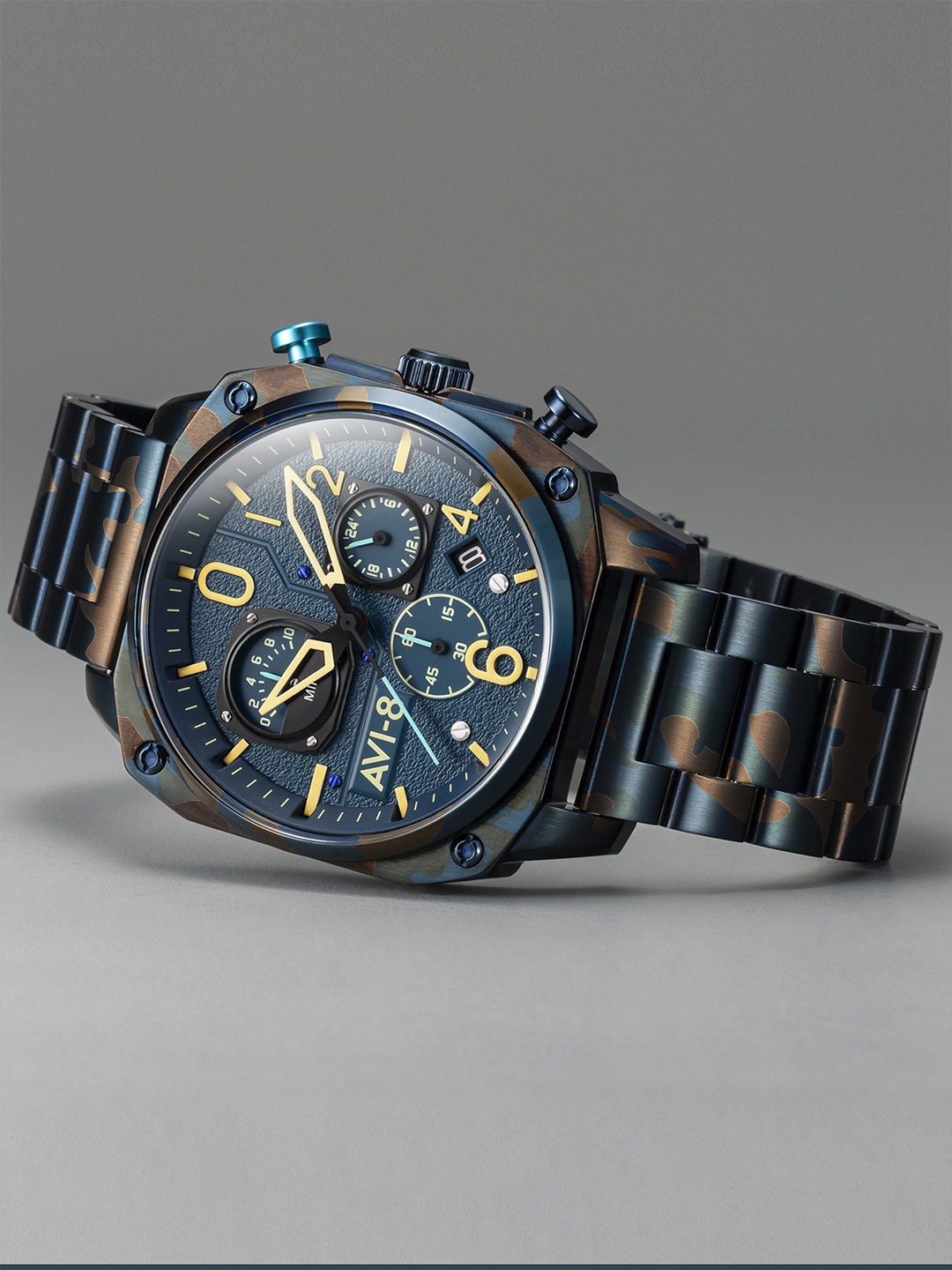 

AVI-8 Men Blue Brass Patterned Dial & Blue Stainless Steel Straps Analogue Chronograph Watch