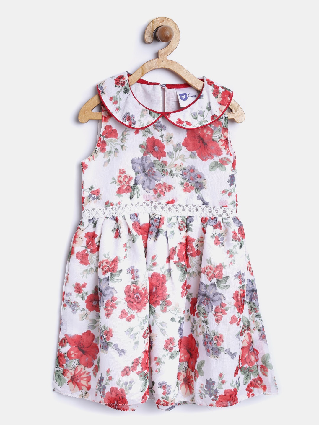 

612 league Girls Off-White & Red Floral Print Fit & Flare Dress