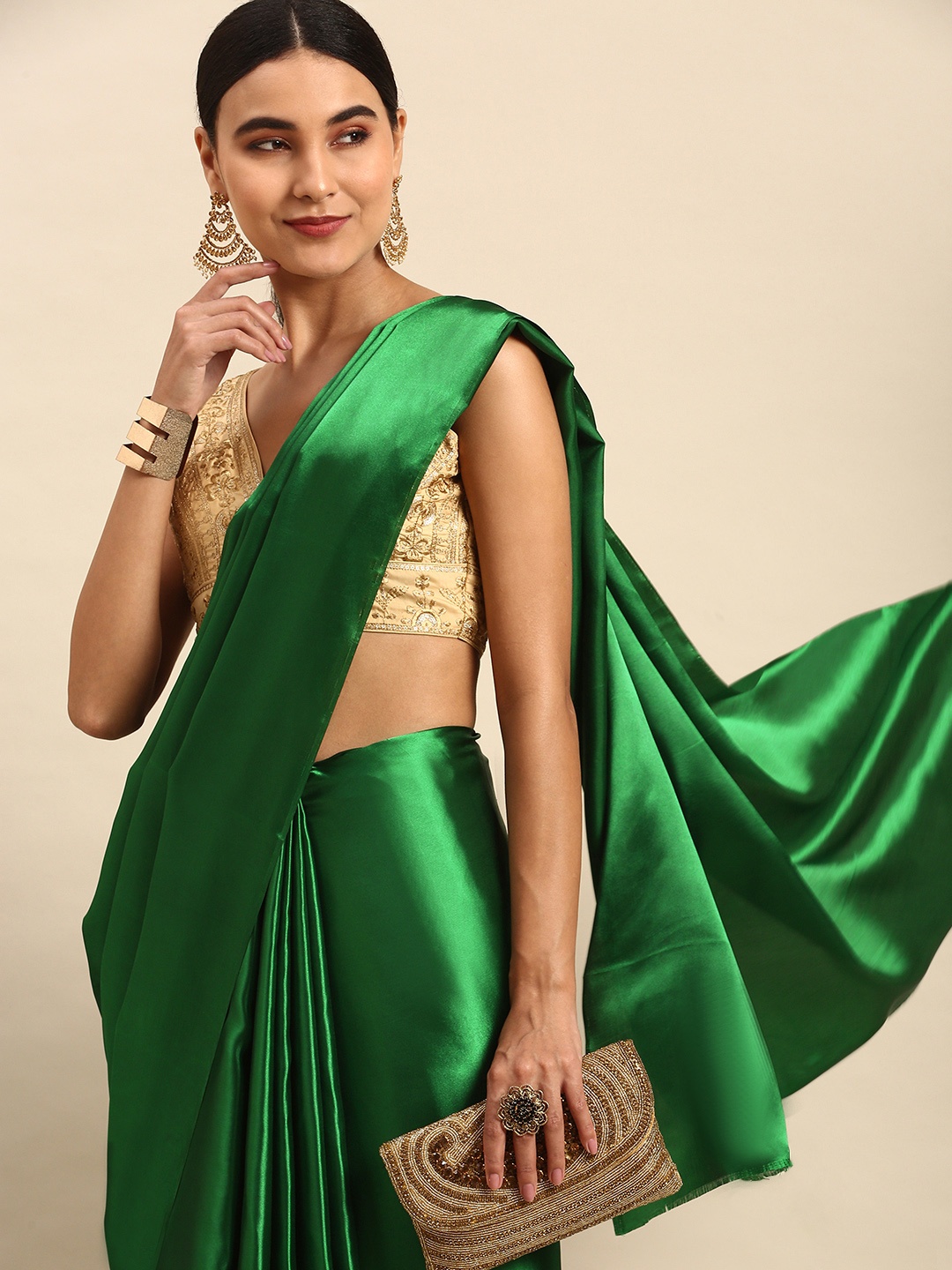 

TORONFRAS Green Solid Satin Bomkai silk Saree