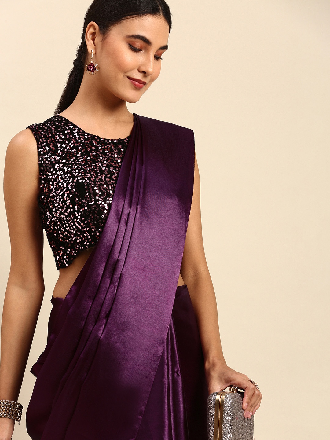 

TORONFRAS Purple Solid Satin Bomkai silk Saree