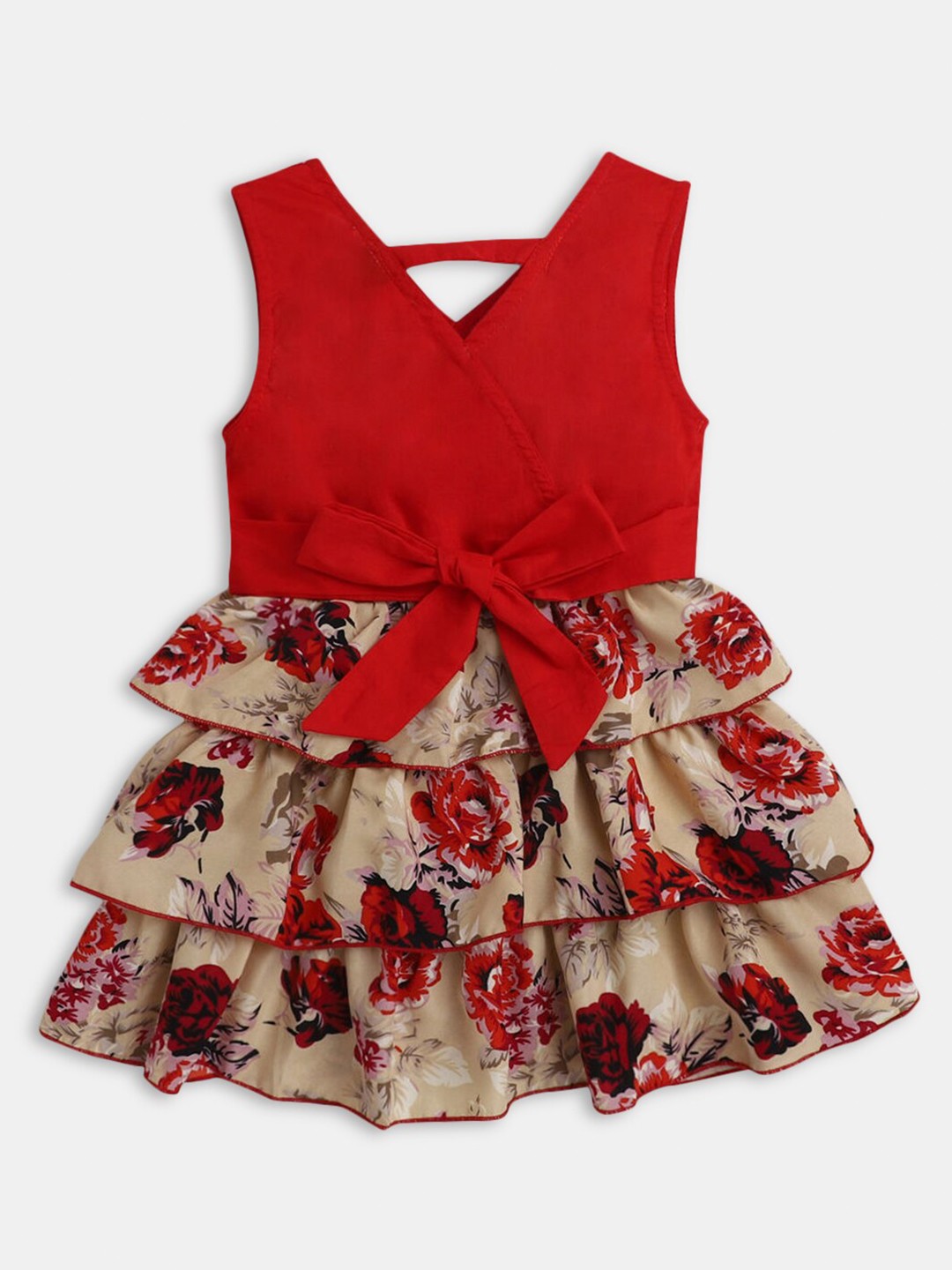 

Hopscotch Red Floral Layered Cotton A-Line Dress