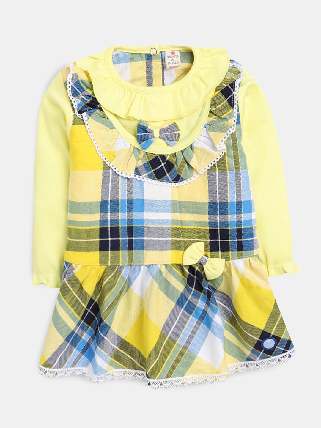 

Hopscotch Girls Yellow & Blue Checked Cotton A-Line Dress
