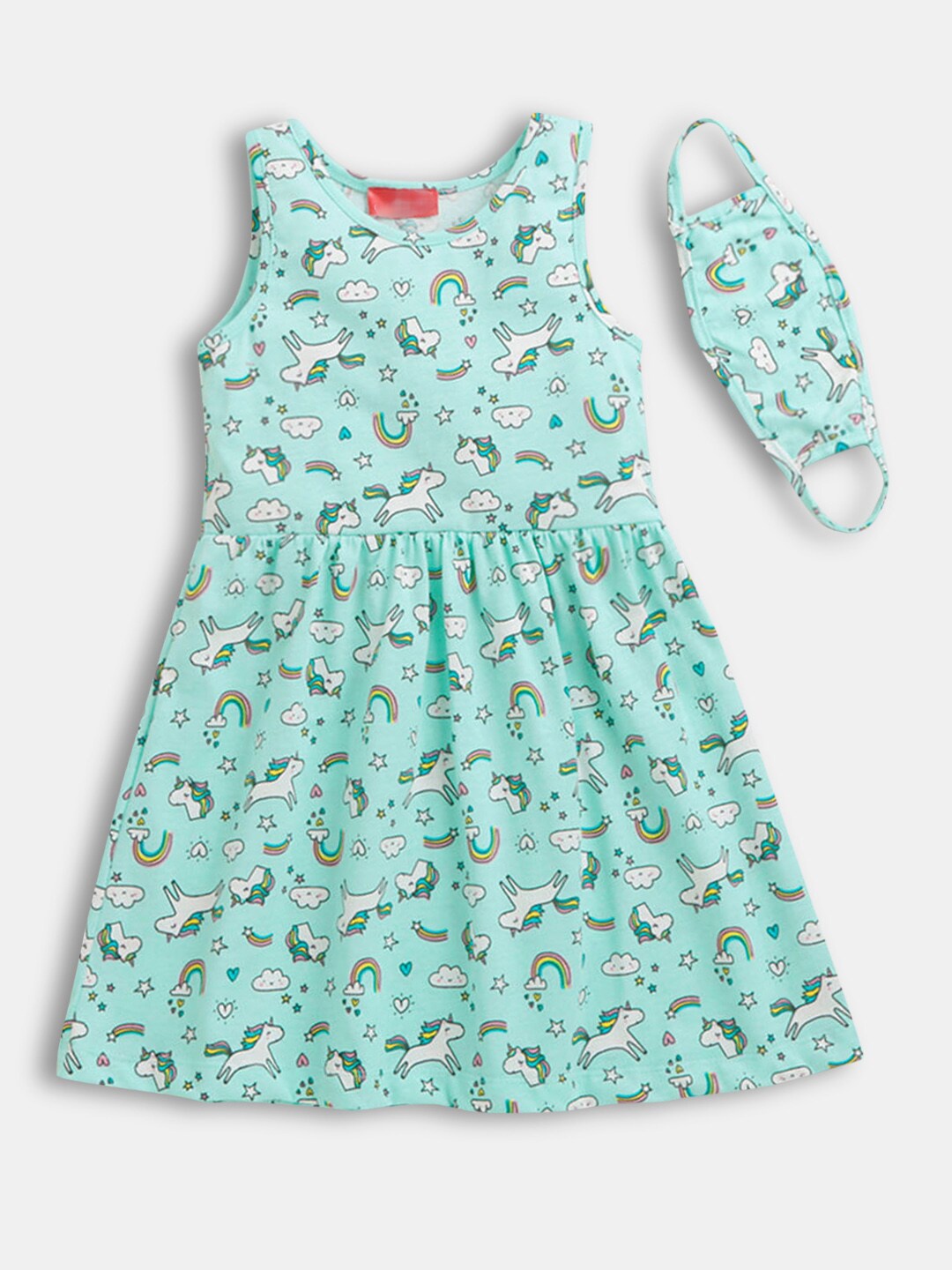 

Hopscotch Girls Turquoise Blue Printed Cotton A-Line Dress With Mask