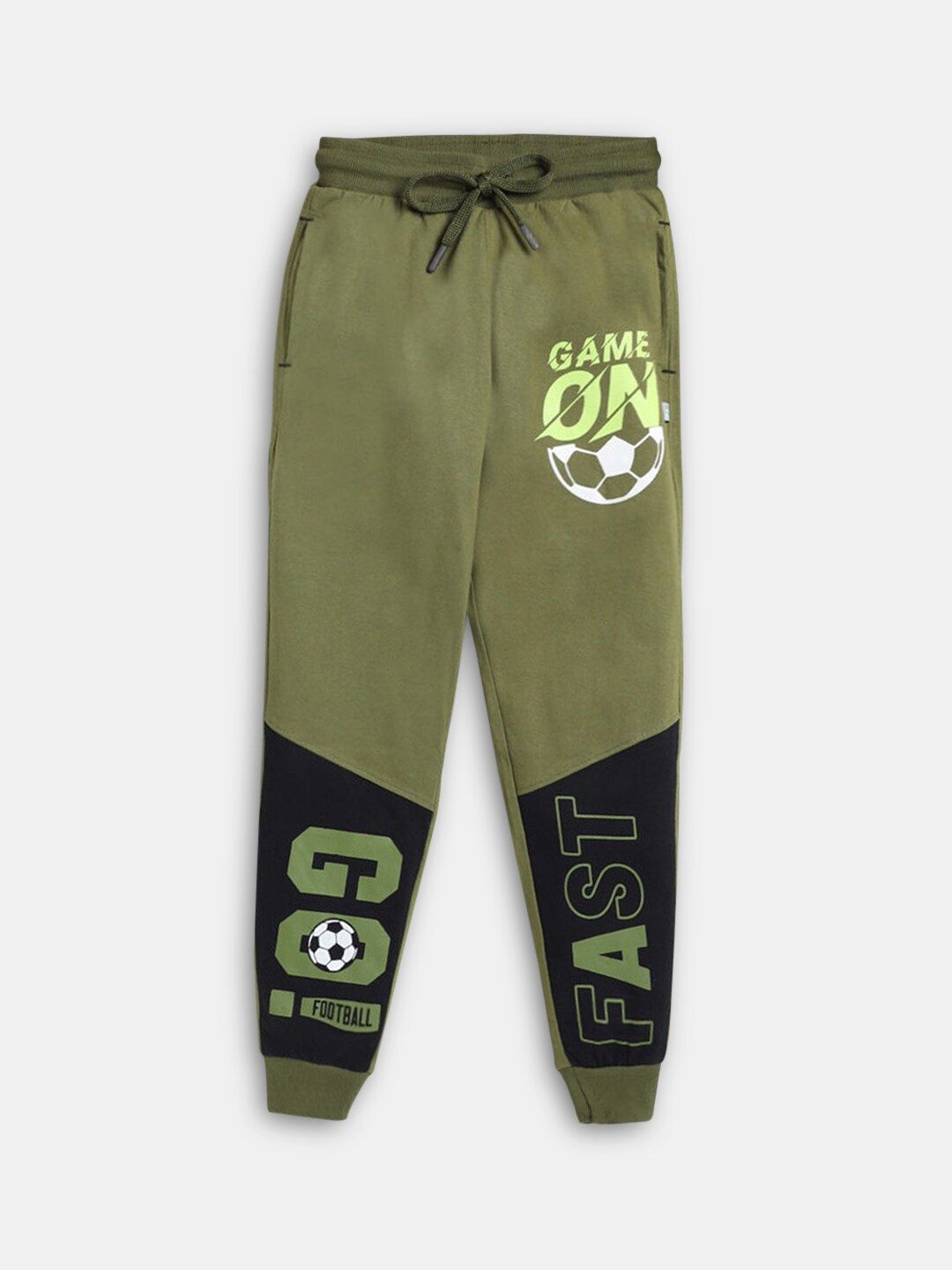 

Hopscotch Boys Olive Green Printed Cotton Joggers