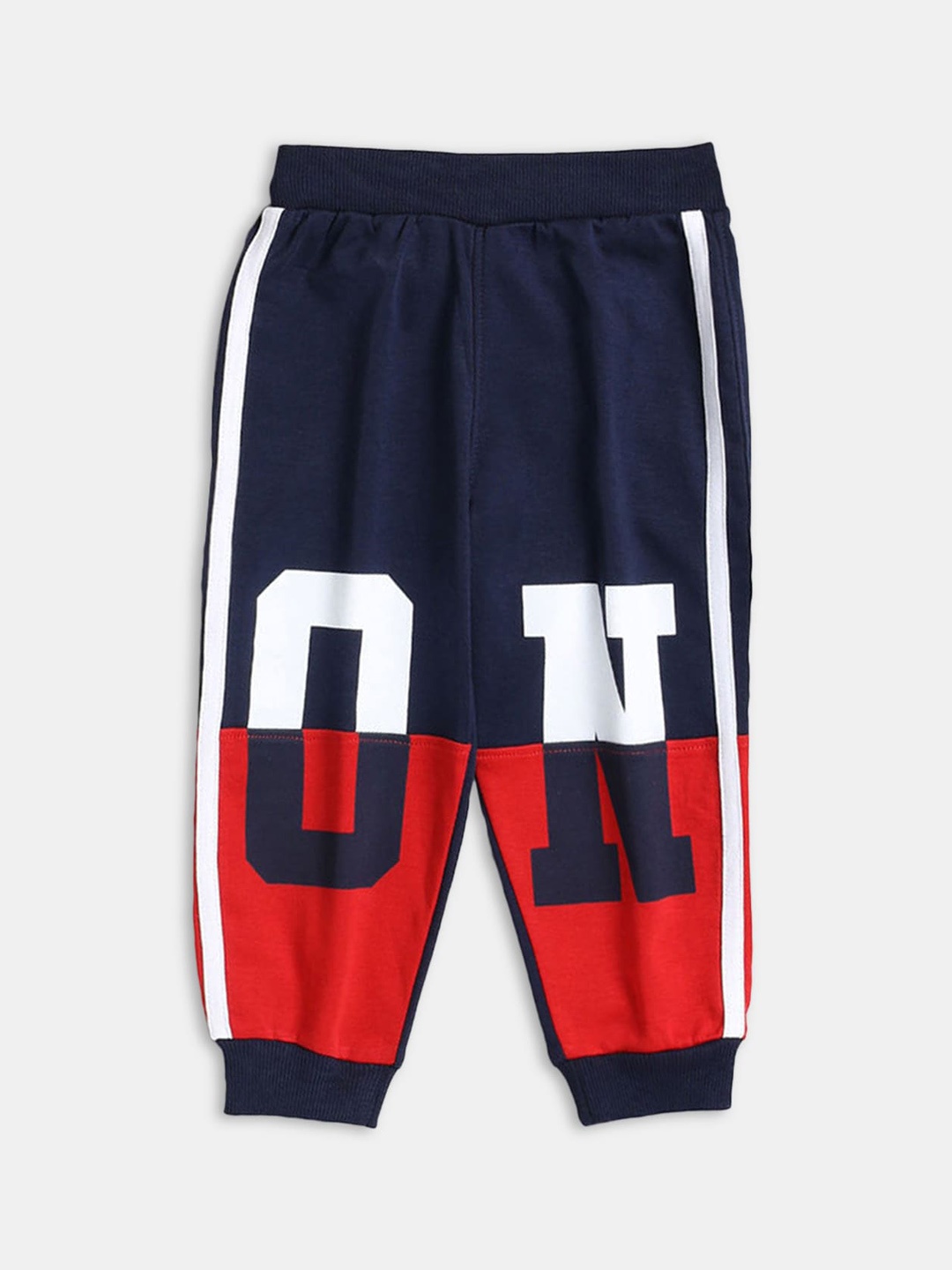 

Hopscotch Boys Navy Blue & Red Text Printed Cotton Joggers