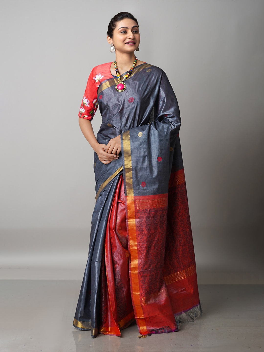 

Unnati Silks Grey & Red Woven Design Zari Pure Silk Tussar Saree