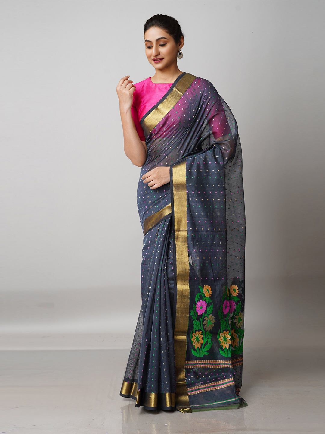 

Unnati Silks Grey & Green Woven Design Zari Silk Cotton Jamdani Saree