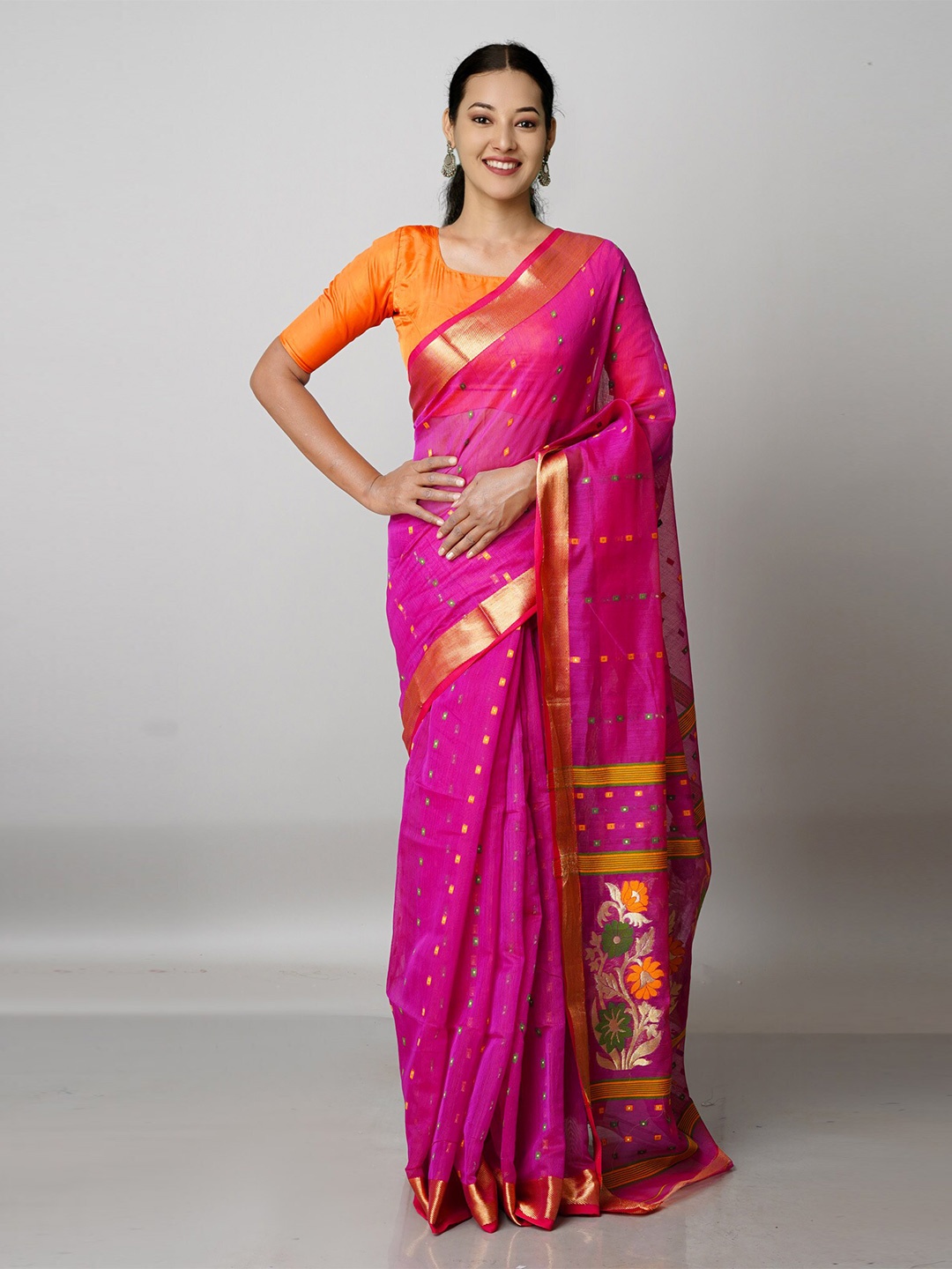 

Unnati Silks Pink & Orange Woven Design Zari Silk Cotton Jamdani Saree