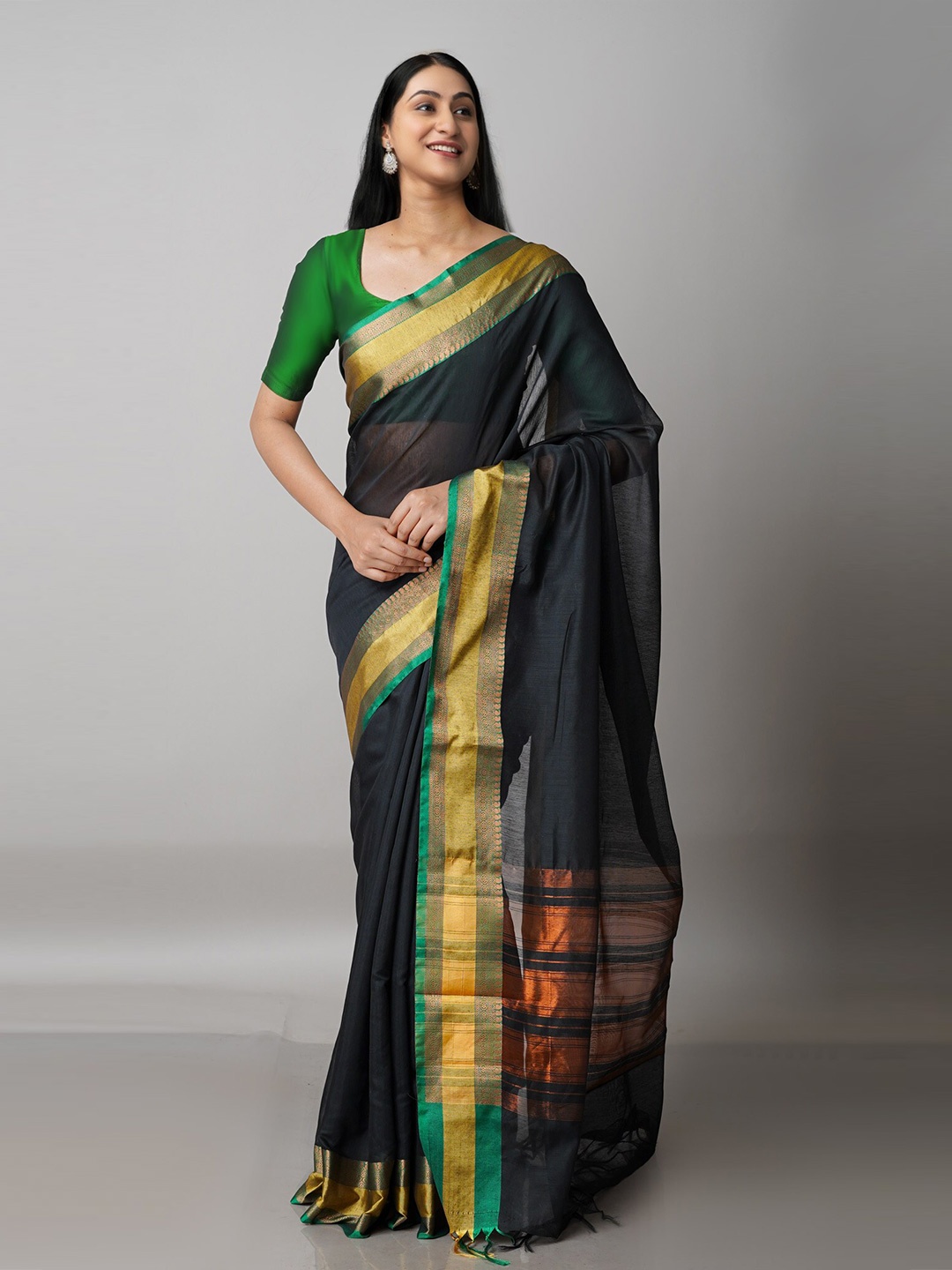 

Unnati Silks Black & Green Woven Design Zari Silk Blend Banarasi Saree