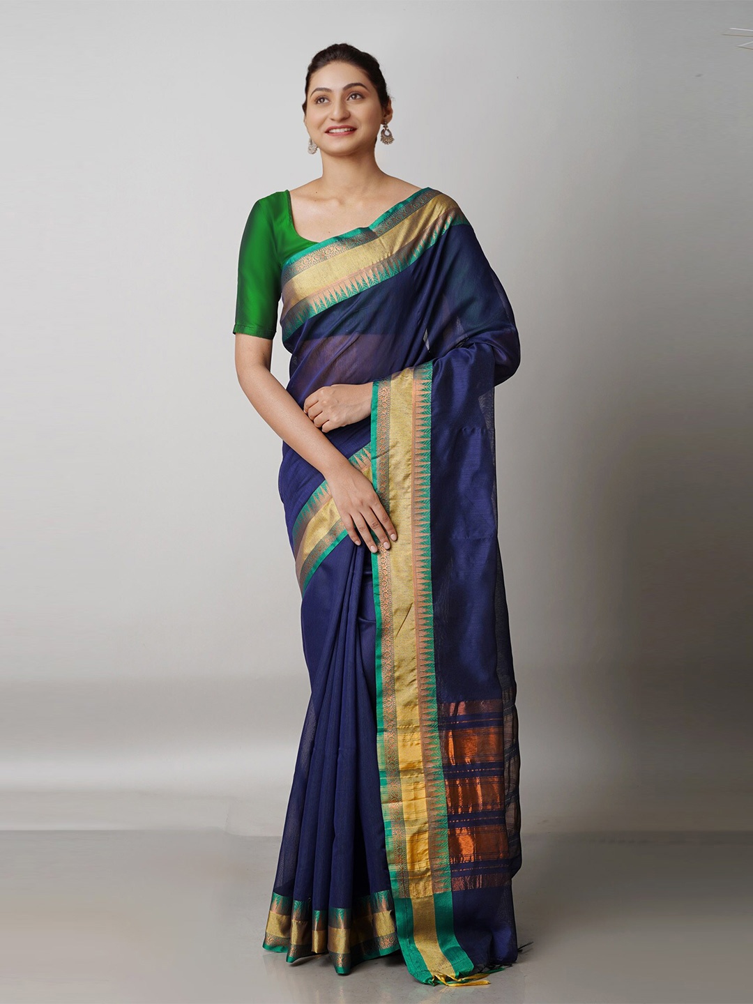 

Unnati Silks Navy Blue & Copper-Toned Woven Design Zari Silk Blend Banarasi Saree