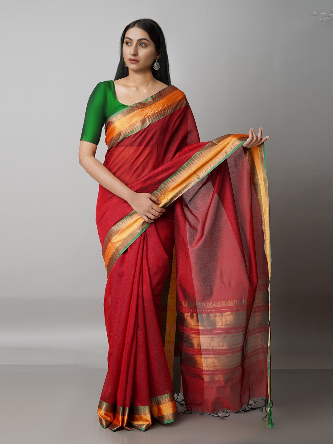 

Unnati Silks Burgundy & Orange Woven Design Zari Silk Blend Banarasi Saree