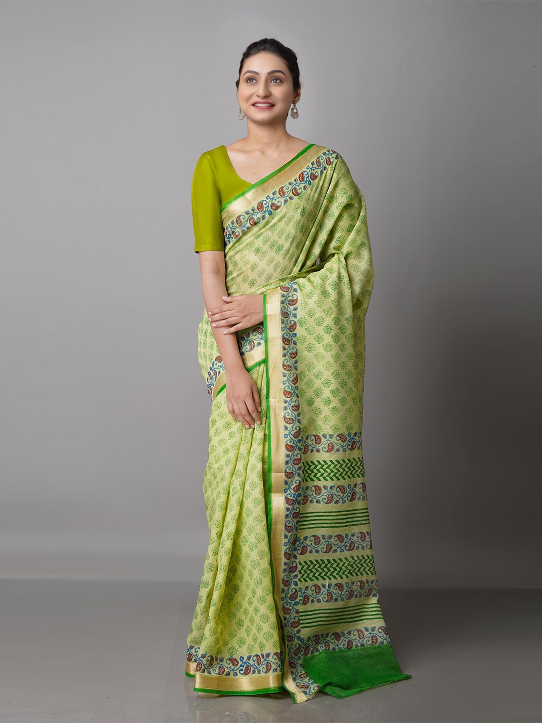 

Unnati Silks Green & Blue Ethnic Motifs Zari Mangalagiri Saree