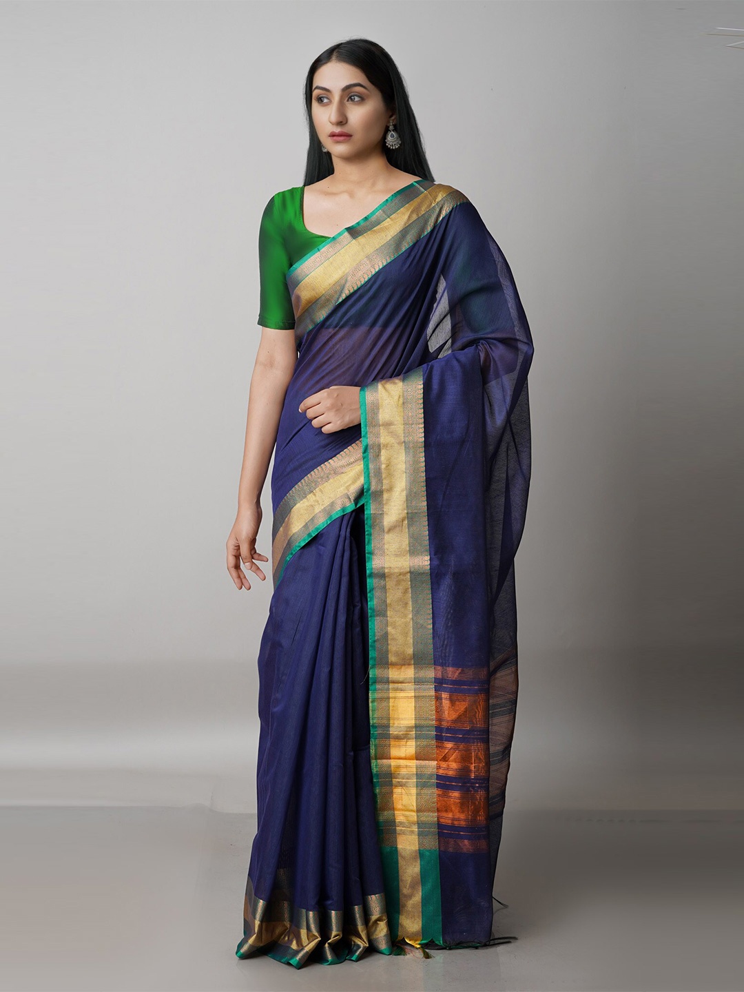 

Unnati Silks Navy Blue & Gold-Toned Banarasi Zari Saree