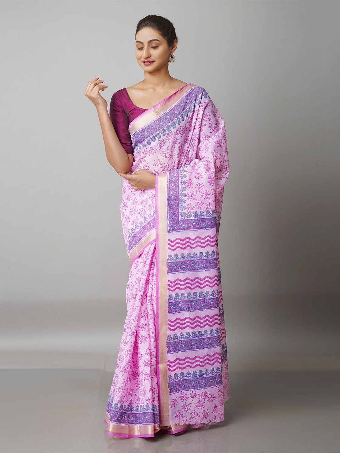 

Unnati Silks Pink & Blue Ethnic Motifs Block Printed Mangalagiri Zari Saree