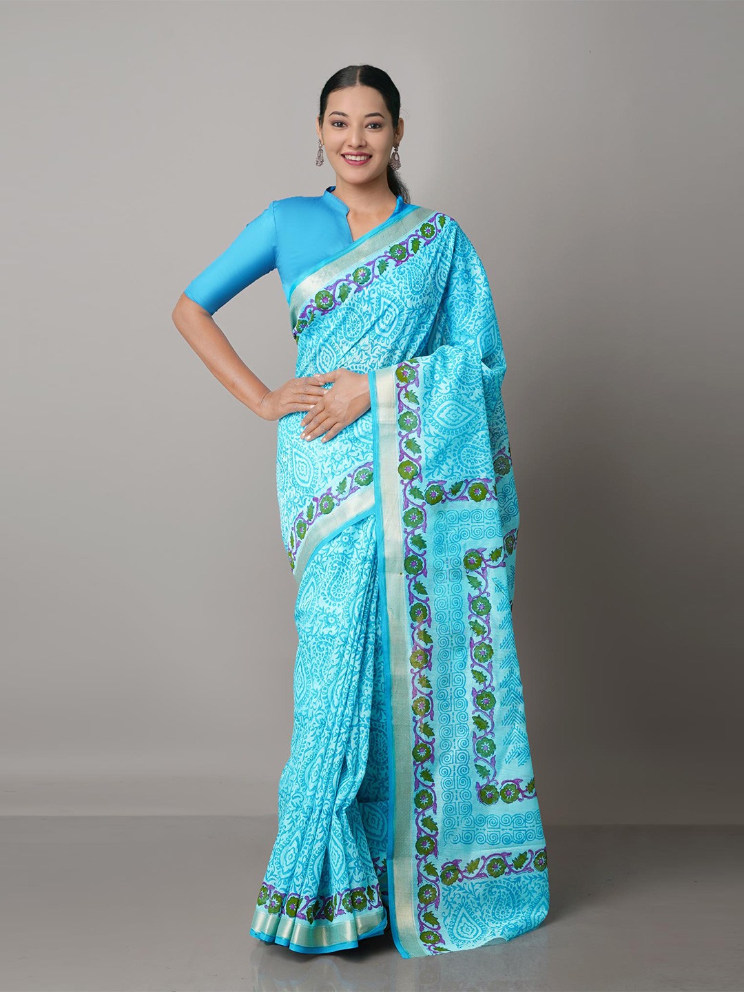 

Unnati Silks Blue & Green Ethnic Motifs Block Printed Mangalagiri Zari Saree
