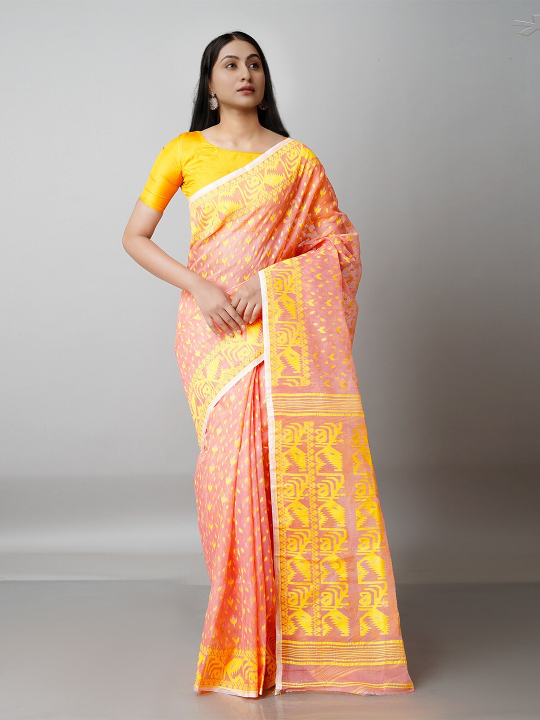 

Unnati Silks Peach-Coloured & Yellow Woven Design Pure Cotton Handloom Jamdani Zari Saree